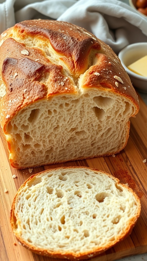 A golden-brown sourdough bread loaf sliced to show its texture, on a wooden board with butter.